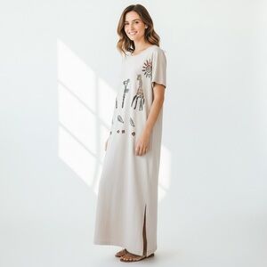 Vintage Beige Wild Rose Cotton Maxi Dress with Hand Stamped Giraffe Safari Scene